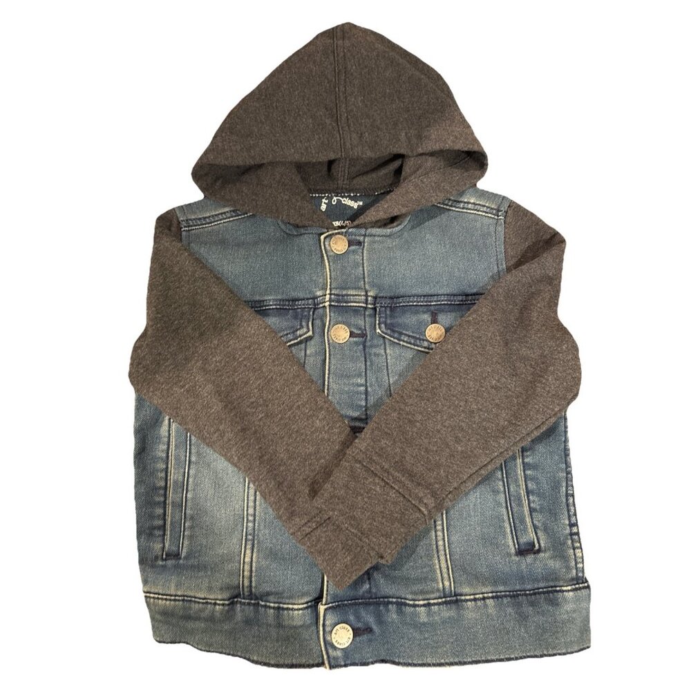 Kids Art Class Jean Jacket With Fleece Gray Sleeves And Hoodie Size XS (4/5)